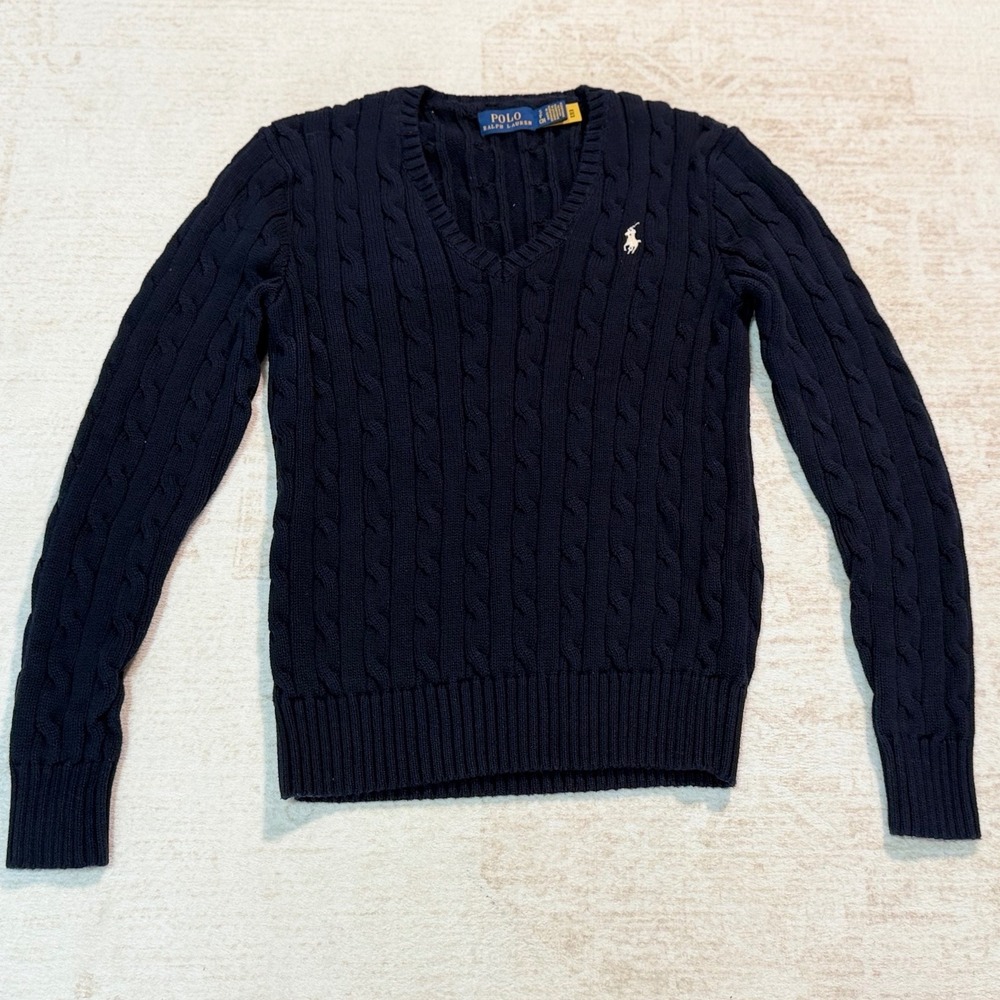 Polo Ralph Lauren Navy Blue Cable Knit V-Neck Sweater Small Pony Logo
